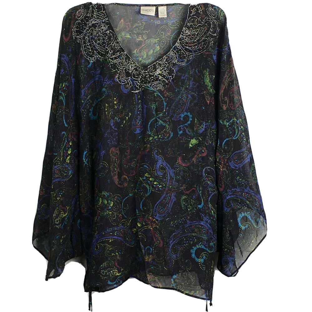 Chicos Shirt Women Sz S M Black Paisley 100% Silk Chiffon Long Sleeve Top Sheer